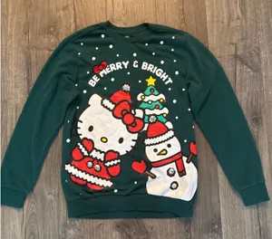 Hello Kitty Be Merry Bright Christmas‎ Tree Snowman Sweatshirt Green Womens M thumbnail 1