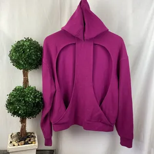 Savvi Purple Ribbed Long Sleeve Cutout Back Hoody Sporty Athletic Sweater M thumbnail 4
