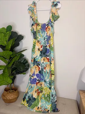 Medium ruffle sleeve Floral Tropical tiered Maxi Dress - Green Multi thumbnail 5