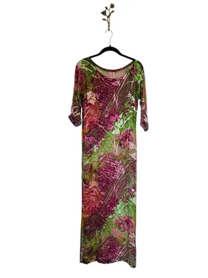 Womens Silk Floral Burnout Sheer Kaftan Dress Slits Boho Chic Maximalist Summer thumbnail 2