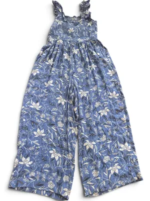 LOFT Blue Floral Smocked Wide-Leg Jumpsuit thumbnail 1