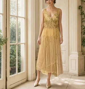 Nataya NWT Gold Embroidered Chiffon Maxi Dress L Edwardian Wedding Fairycore thumbnail 10