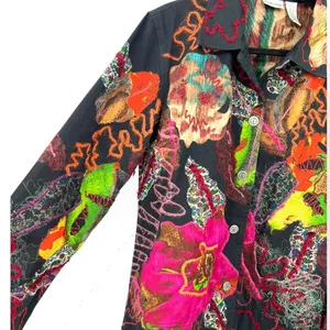 CHICO'S M embroidered applique denim button-up jacket blazer Mixed Media Art thumbnail 3