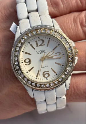 Embassy by Gruen White Enamel Crystal Bezel Quartz Watch Gold Tone Accents thumbnail 1