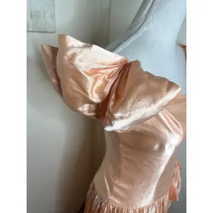 Vintage 80s Peach Satin Prom Dress ILGWU Drop Waist Puff Sleeve Bow Hi Low thumbnail 6