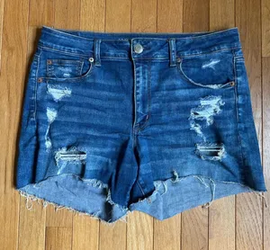 American Eagle Hi Rise Shortie Distressed Stretch Womens Jean Denim 14 Blue thumbnail 1