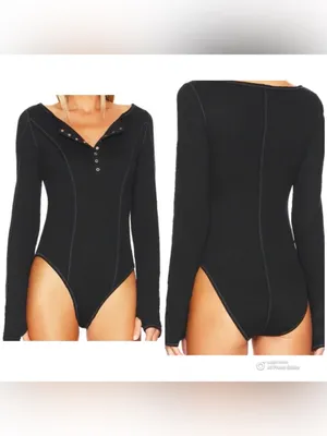 NWT Free People Intimately Sloane Long Sleeve Henley Bodysuit Black Small S thumbnail 2