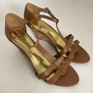 Lauren Ralph Lauren Wedge Sandals Women 10B T Strap Harleen Leather‎ Cork Heels thumbnail 2