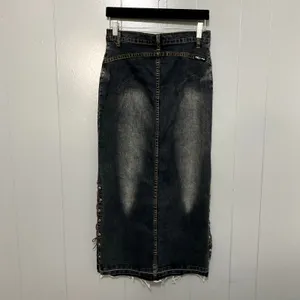 Vintage Y2K Street Code Blue Dark Wash Denim Lace Up Boho Midi Skirt 3/4 thumbnail 3