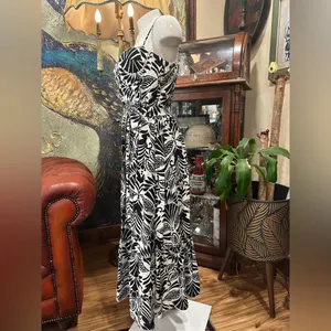 TCEC Noir Elegance Midi Dress Black White Leaf Print Bustier Tropical Resort L thumbnail 5