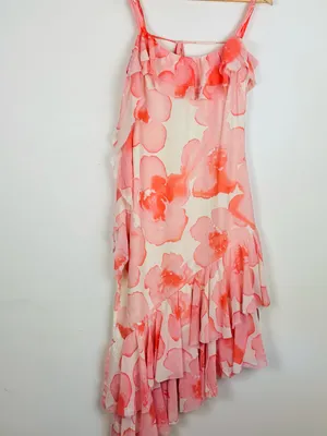 NWT ASOS Chiffon Bold Floral Romantic Ruffle Midi Dress White and Peachy Pink 6 thumbnail 2