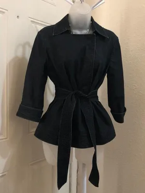 Apostrophe 2000s Y2K Goth Grunge office siren core Black denim fitted blazer jacket belted tie waist 3/4 sleeve & pockets-Size S Measurements in pics Excellent condition thumbnail 3