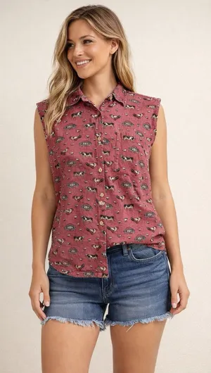 Country Chic Sleeveless Button Up Farm Print Vtg Cotton Cows Chicken Red thumbnail 1