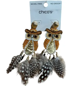 Chico's Birds of a Feather Owl Beaded‎ Feather Dangle Earrings NWT No Droop thumbnail 1