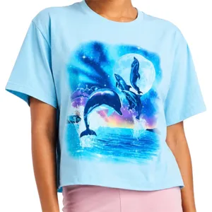 Mighty Fine Dolphin Graphic Tee‎ Blue Ocean Moon Y2K Coastal Top Sz XS Vacation thumbnail 1