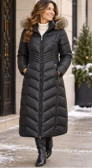 Gallery New York Womens L Long Maxi Puffer Coat Black Faux Fur Hood Quilted thumbnail 1
