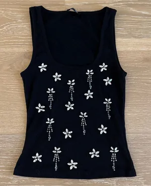 White Fox Tank Top Ribbed Beaded Sinful Embrace Size S Black Silver thumbnail 1