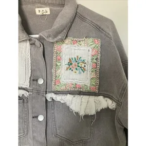 POL Womens Jacket Patchwork Denim Boho Chic M Floral Frayed Trim Gray thumbnail 3