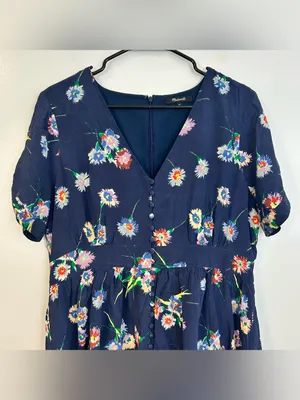 Madewell Blue 100% Silk Button-Front Short Tie-Sleeve Floral Mini Dress Size 14 thumbnail 4