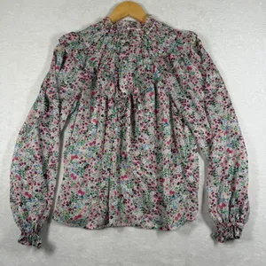Boden‎ Floral Ruffle Neck Metallic Lurex Blouse Pink Blue US 6 UK 10 T1193 thumbnail 1