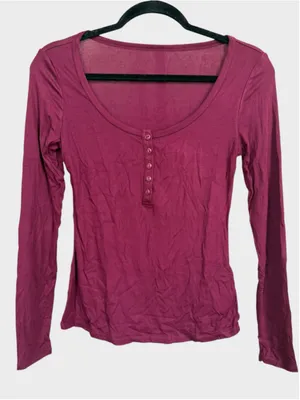 Halara Ribbed Henley Neck Long Sleeve Slim Casual T-Shirt Maroon Banner Size S thumbnail 3