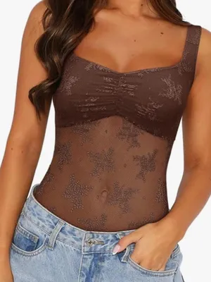 ReoRia Brown Lace Bodysuit with Floral Mesh thumbnail 1