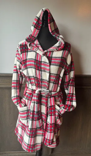 Forever 21 Red, Black & White Plaid Hooded Robe Largr thumbnail 1