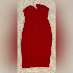 New Women's Amanda Uprichard Puzzle Strapless Midi Dress Lipstick Red Sz M thumbnail 5