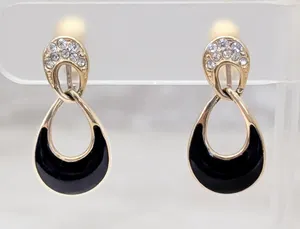 Vintage Clip On Earrings Stylish Gold Tone with Black Enamel & Clear Gems thumbnail 1