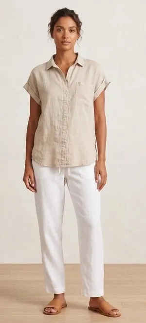 Alex & Jordan Womens‎ Linen Blend Short Sleeve Button Up Shirt Beige Oatmeal L thumbnail 1