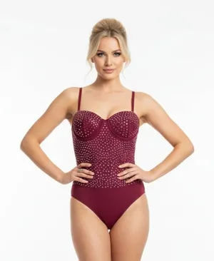 Haute Monde Burgundy Red Rhinestone Embellished Body Suit NEW M thumbnail 1
