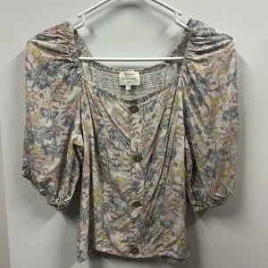 Bohme Floral Faux Button Front Smocked Back Balloon Half Sleeve Top Small thumbnail 5
