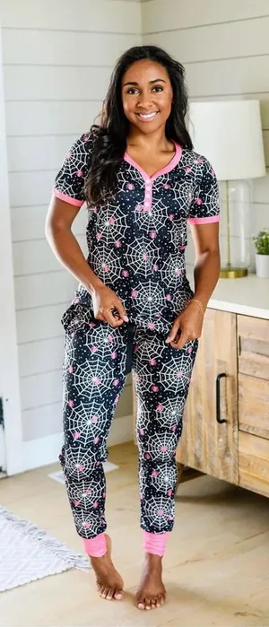 Shirley & Stone Womens Halloween Spider‎ Web Henley Pajama Set Pink Black Medium thumbnail 1