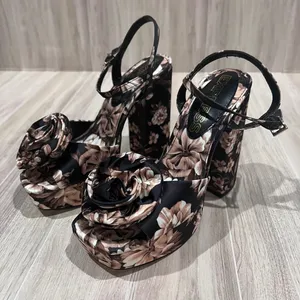 Express Floral Rosette Platform‎ Heels Ankle Strap Chunky High Heel Sandals Sz 7 thumbnail 1