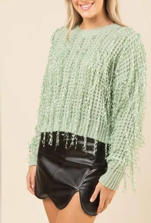 Fringe Detail Sweater in Sage thumbnail 2