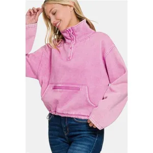 Zenana Acid Wash Fleece Half Snap‎ Sweatshirt with Pocket thumbnail 2