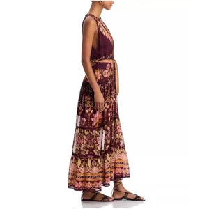 Farm Rio Maxi Dress Women Medium Burgundy Floral Tiered Beaded Tassel Boho thumbnail 3