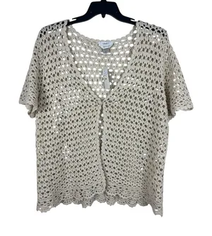 VTG CJ Bank Beige Open Knit Hand Crochet 2X Top NWT Beachy Coastal READ thumbnail 1