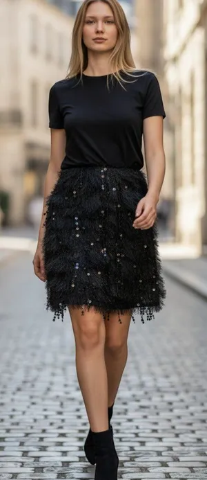 H&M Black Sequin Fringe Skirt Size L Party Evening Glam Statement Mini thumbnail 1