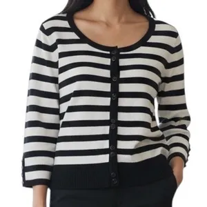 WHITE HOUSE‎ BLACK MARKET Black/White Striped Snap Front 3/4 Sleeve Cardigan S thumbnail 1