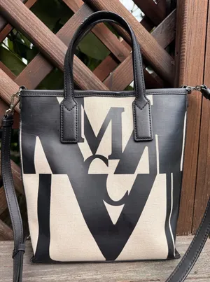 MCM Glitch Logo Mini Shopper Tasche Tote Bag Canvas Crossbody Black Beige thumbnail 1