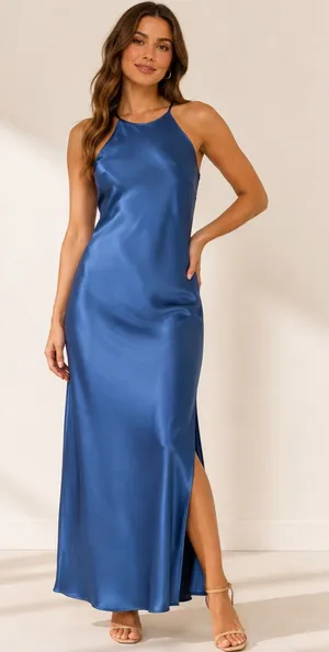A New Day Women’s Blue Satin Halter Neck Maxi Dress Side Slit Size Medium NWT thumbnail 1