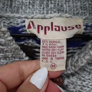 Vintage Applause Fair Isle Shawl Collar Sweater Grey Multi Geometric Knit Medium thumbnail 2