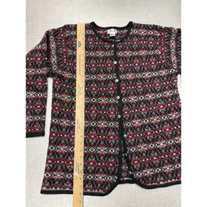 Vtg SKYR Womens Cardigan L Red Fair Isle Sweater Button Crew‎ Knit Wool Long thumbnail 3