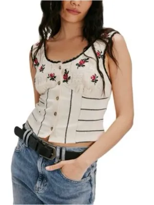 Free People Corset Top Tank Rose Bud Knit Floral Embroidery Crochet Accents Boho thumbnail 2