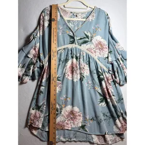 Umgee Floral Babydoll Tunic Top Blue Pink Ruffle Bell Sleeve Boho L thumbnail 11
