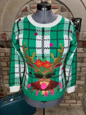 Celebrate together ugly christmas sweater reindeer rudolph plaid red green pink thumbnail 1