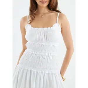 NWOT FARM RIO Cotton Sleeveless Rushed Bodice Midi Dress White Sundress Size S thumbnail 3