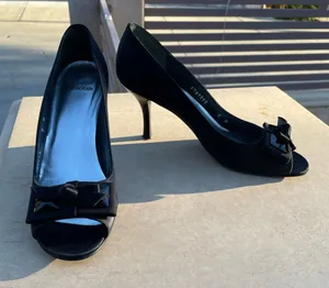 St. John Black Satin Peep Open Toe Bow Heels Pumps Shoes size 8 thumbnail 1