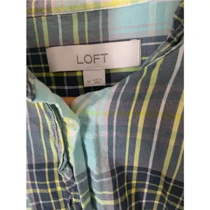 LOFT Plaid Preppy Button Front Ruffle Detail Shirt in Teal Navy Yellow Green M thumbnail 2